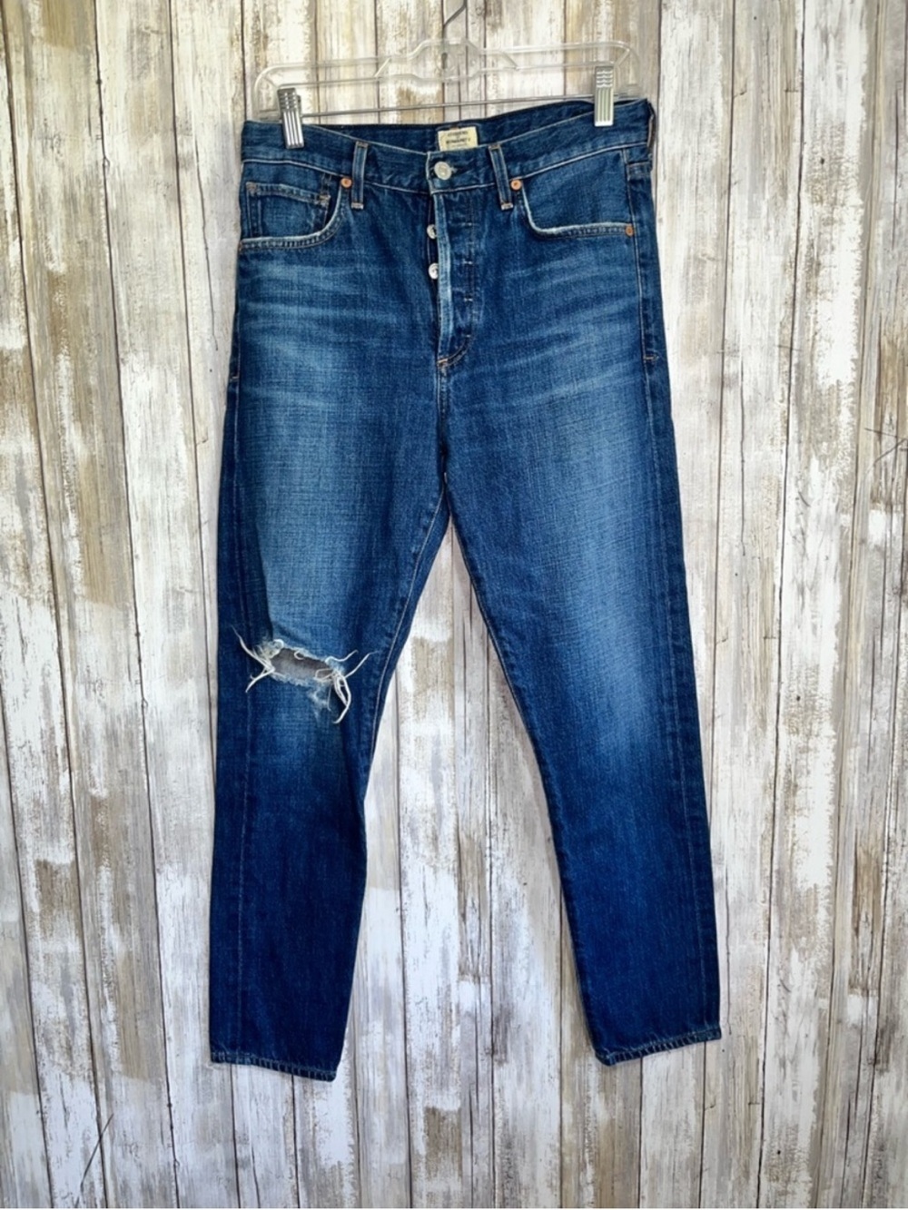 Citizens of Humanity Liya High Rise Classic Fit Crop Jeans Distressed Blue Denim